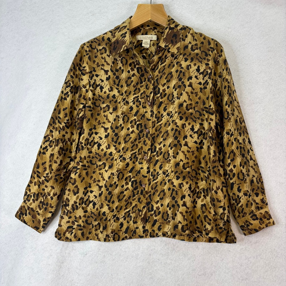 Vtg Silk Leopard Print Button Down Blouse Brown Womens L Mob Wife Animal Luxe